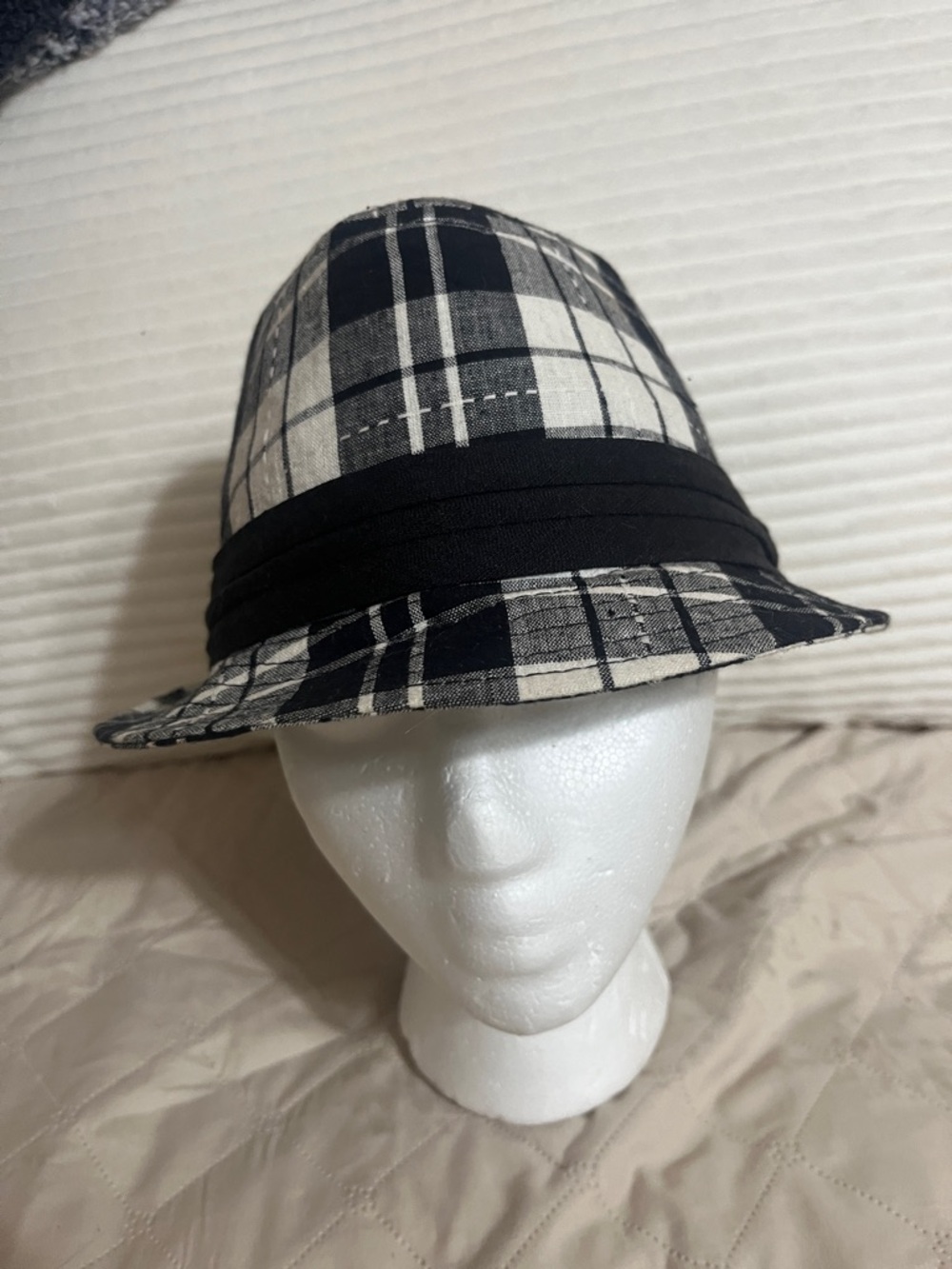 Black and White Plaid Fedora Hat with Band